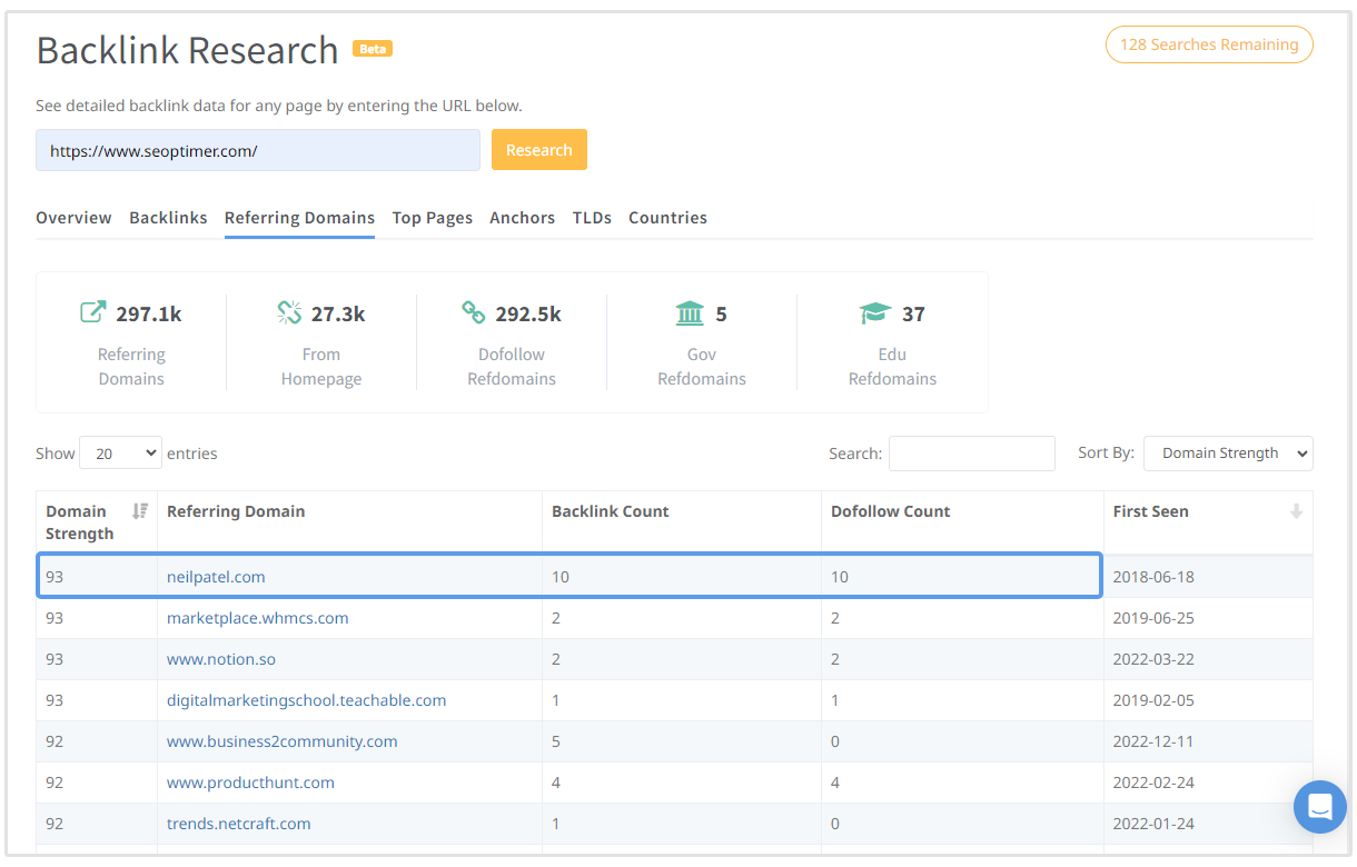 domínios de referência e contagem de backlinks